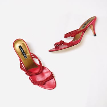 Vintage 90s 00s Red Leather High Heel Sandals Size 8 by Claudia Ciuti Made In Italy Rope Cord leather Strappy High Heel Sandals Red Leather 