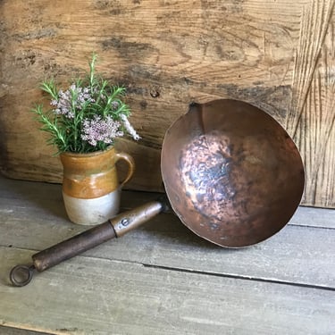 French Copper Ladle, Wood Handle, Primitive, Handcrafted, Chateau, Restaurant, Farmhouse Cuisine, 19th C, Homesteading 