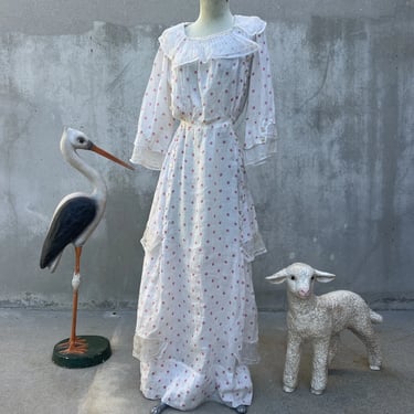 Antique Edwardian Pink & White Polka Dot Print Dress Embroidered Tiered Vintage
