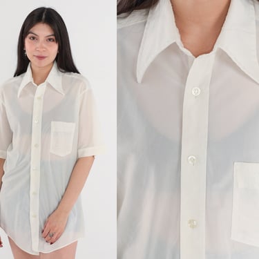 70s Shirt White Semi-Sheer Button Up Shirt Dagger Collar Disco Top Collared Plain Retro Preppy Basic Short Sleeve Vintage 1970s Mens Medium 