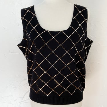 80s Black Knit Tank Top with Metallic Gold and Silver Pattern | Medium/Large 