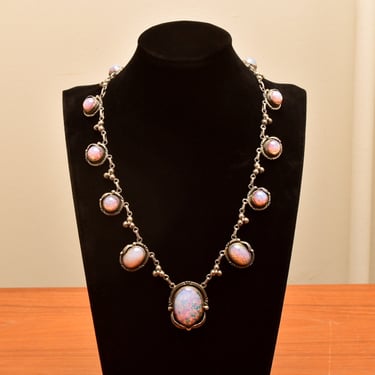 TAXCO Sterling Silver Dragon's Breath Festoon Necklace, Mexican Opal Foil Glass, Grape Leaf Motif, 20.5