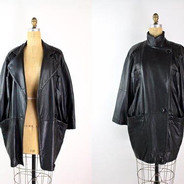 80s Buttery Black Leather Oversized Coat / Vintage Soft Black Leather Jacket / Free US Shipping 