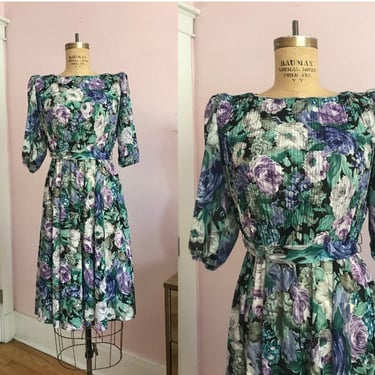 1980's Size Medium - Semi-Sheer Pleated Floral Dress in Turquoise, Blue and Violet 
