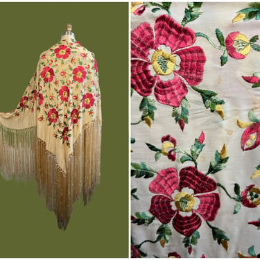 FLOWER SHOW Vintage 30s 40s Floral Embroidered Fringe Piano Shawl | 1930s 1940s Spanish Flamenco Large Wrap | Art Deco Era, Folk Boho Gatsby 
