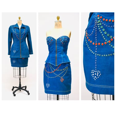 80s 90s Vintage Rhinestone Denim Suit Jacket Skirt Bustier Lillie Rubin Medium Large Blue Denim Rhinestone Cowgirl Jacket Skirt Bustier 