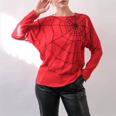 Vintage 80s AMEN WARDY Red Silk Mosaic Brocade Dolman Sleeve Blouse w/ Beaded Spiderweb Design | 100% Silk | 1980s Designer Silk Top 