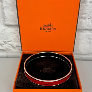 Hermès Enamel Printed Narrow Caleche Bracelet, Red/Palladium, Size 70