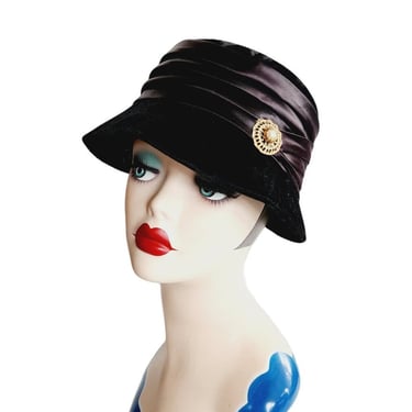 Vintage 60s Black Hat in 20s Cloche Style Velvet Rhinestone by Joal 