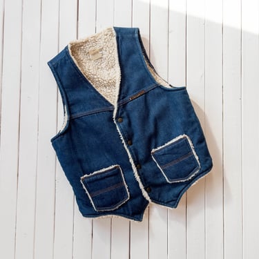 denim sherpa vest | 70s vintage blue jean faux shearling boho hippie vest 