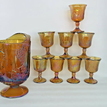 Indiana Harvest Grape Style Amber Carnival Glass Set of Pitcher and 8 Cups 768B
