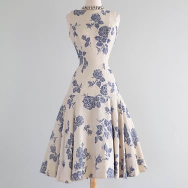 Iconic 1950's Estevez Grenelle Blue Rose Print Cocktail Party Dress / SM