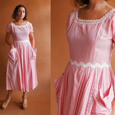 Vintage 50s Striped Cotton Dress with Ric Rac Trim/ 1950s Pink White Candy Stripe Sun Dress with Pockets/ Size Medium 28 