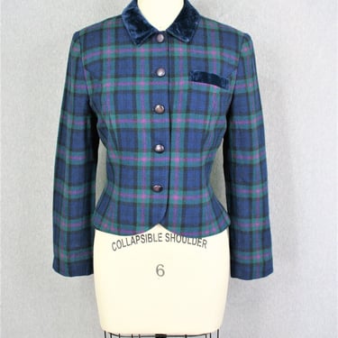 Pendleton - Preppy Plaid - Cropped Jacket - Velvet Trim - Marked size 8 