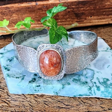 Hammered Sterling Cuff Bracelet with Agate Stone 