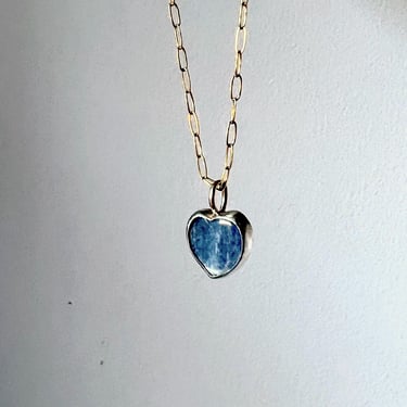 Handmade Kyanite Heart Pendant in Sterling Silver Bezel on 14k Goldfilled Chain 