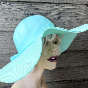 vintage aqua sun hat 1970s huge brim big bow sunhat 