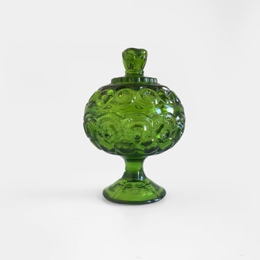 LE Smith Green Lidded Moon and Stars Pedestal Candy Dish Covered Compote 