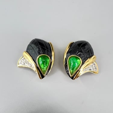 Vogue Bijoux Earrings Flawed Emerald Clipon Pave Rhinestones Enamel 