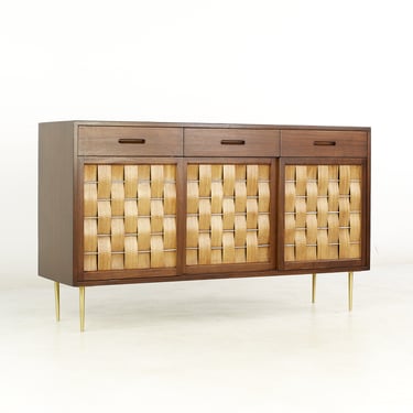 Edward Wormley for Dunbar Mid Century Brass and Mahogany Woven Front Credenza - mcm 
