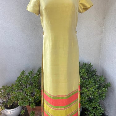 Vintage Asian cheongsam style long tunic dress top yellow orange green Thai Silk custom made sz M 