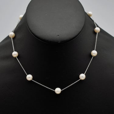 80's Italy sterling pearls choker, elegant minimalist white pearls 925 silver rolo chain necklace 