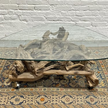 Mid Century Modern DRIFTWOOD + Glass COFFEE TABLE, c. 1970's 