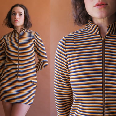 Vintage 60s Striped Micro Mini Zip Up Dress/ Size XS 