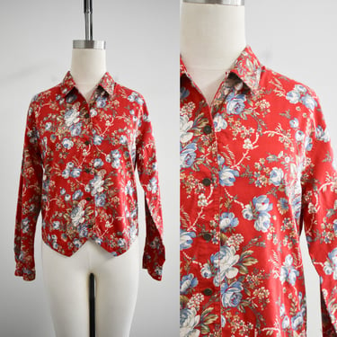 1980s Liz Claiborne Red and Blue Rose Blouse 