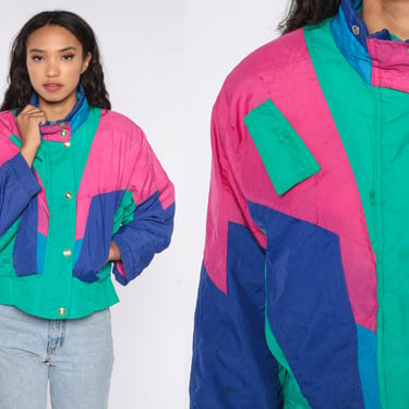 90s Ski Jacket Purple Color Block Hot Pink Green Winter Coat Puffy Jacket Puffer Coat Neon 80s Vintage Puff Jacket Extra Small xs 