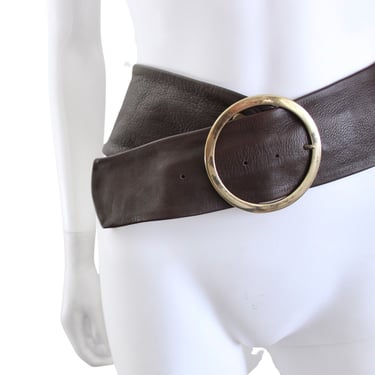 1960s Dark Brown Italian Leather Wide Belt with Large Brass Buckle - 1960s Wide Belt - 60s Brown Belt - 60s Leather Belt - Belt Waist 33 