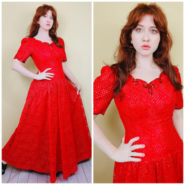 1980s Vintage Mike Benet Red Lace Drop Waist Dress / 80s Silver Dot Sequin Trim Floral Party / Prom Dress / Size Large 