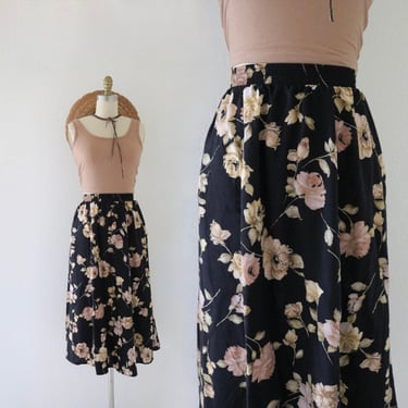 black floral midi skirt - 31-34 - vintage 90s y2k spring summer botanical dark floral long midi skirt pockets 