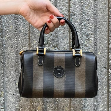 Vintage FENDI FF Monogram MINI Pequin Stripe Black Brown Leather Top Handle Crossbody Shoulder Bag 