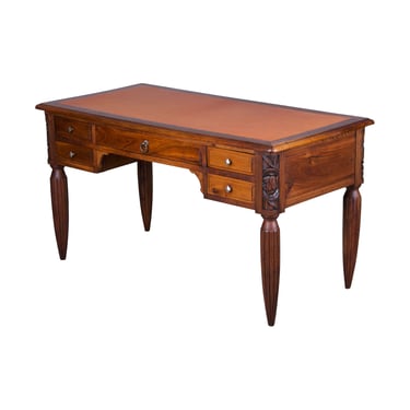 1920s French Art Deco Walnut Writing Desk W/ Leather Top 