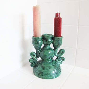 Green Ceramic Wavy Candelabra - Vintage 70s Studio Pottery 3 Prong Tall Taper Candlestick Holder 1.5