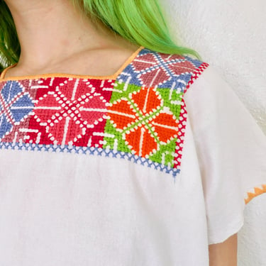 Hand Embroidered Rainbow Blouse // vintage cotton boho hippie Mexican embroidered dress hippy white // O/S 