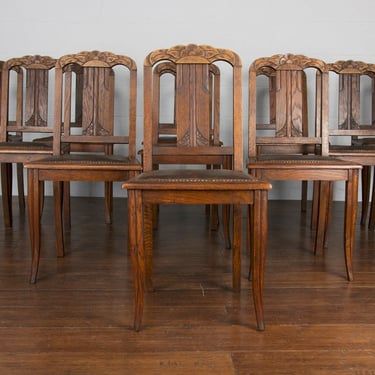 1930s French Art Deco Oak Dining Chairs W/ Leather Seats - Set of 11 