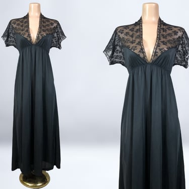 VINTAGE 70s Black Lace Nude Illusion Deep Plunge Nightgown by Queen's Way to Fashion | 1970s Sheer Lace gothic Nightgown | VFG 