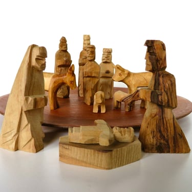 Vintage 12 Piece Olive Wood Nativity Set From Jordan, Hand Carved Wooden Religious Set For Christmas 