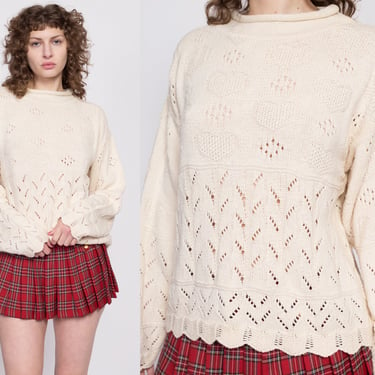 80s Eyelet Heart Knit Sweater - Medium | Vintage Oversize Cream Cotton Slouchy Roll Neck Sweater 
