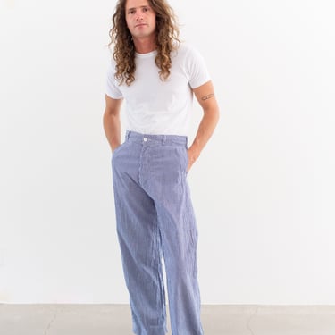 Vintage 32 33 34 Waist White Blue Checkered Trousers | Unisex British Button Fly High Waist Workwear Pants | Picnic Gingham 