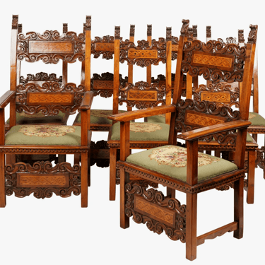 Chairs, Dining, Set of Eight Carved Needlepoint Upholstery, Vintage / Antique!!