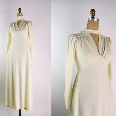 70s Boho Wedding Dress / High Neck Wedding Dress / 1970s / Bohemian Wedding/ Long Sleeves Wedding Dress/ Size Small 