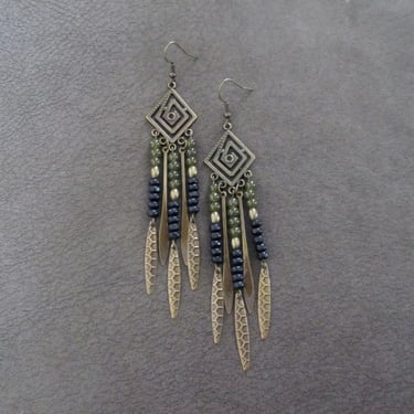 Southwest chandelier earrings, bold statement earrings, gypsy earrings, tribal boho chic, khaki 