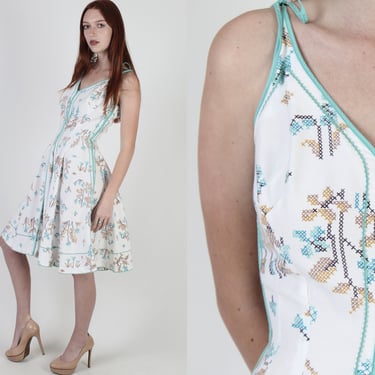 Vintage 50s Cross Stitch Floral Dress / White Graphic Print Shoulder Ties / Womens Rockabilly Full Circle Skirt Mini Dress 