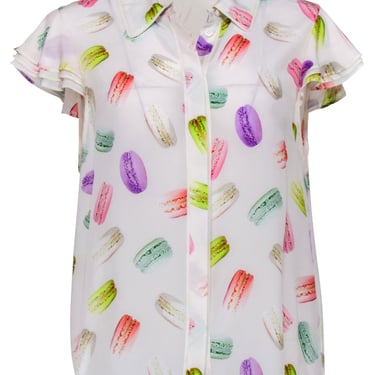 Alice &amp; Olivia - Ivory w/ Multicolor Macaron Print Short Sleeve Button Front Shirt Sz M