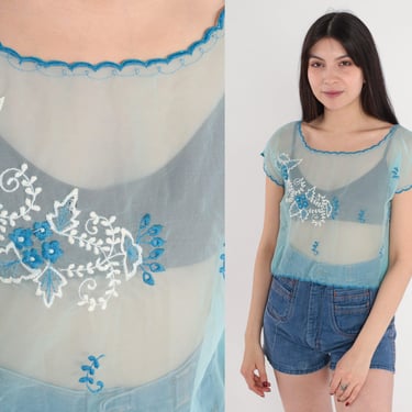 Sheer Blue Crop Top 70s Floral Embroidered Blouse Cropped Shirt Hippie Summer Festival Scalloped Short Sleeve Vintage 1970s Extra Small xs 