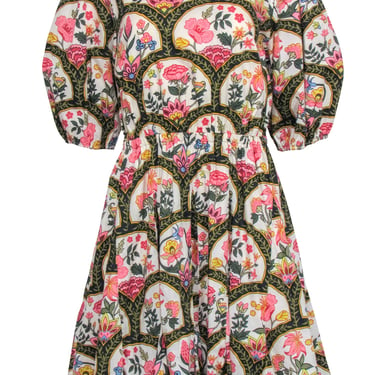 Christian LaCroix - Black w/ Cream & Pink Print Crop Sleeve Dress Sz L
