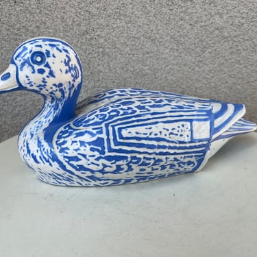 Vintage Chilean artist Pablo Zabal ceramic pottery large duck Sz 14” X 5” x 6.5” blue white 